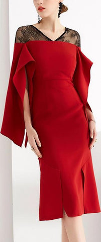 Split-Sleeve Lace Detailed Dress, Red