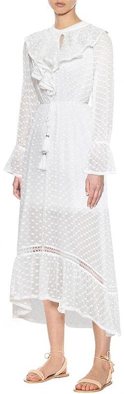 Polka Dot Ruffled Silk Dress, White