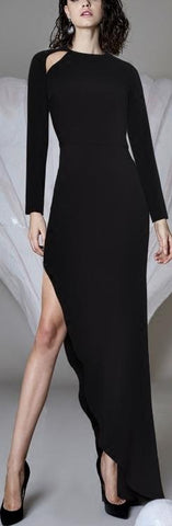 Asymmetrical Cut-Out Long-Sleeve Gown, Black