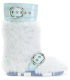 Patent Leather Buckled Fur Boots, Light Blue