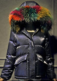 Rainbow Fur-Hooded Puffer Jacket - Champagne, Black, Blue or White