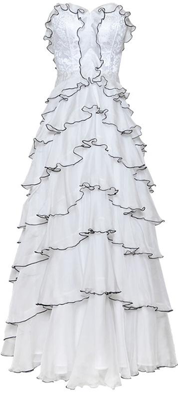 Ruffle Tiered Lace & Voile Strapless Gown, White