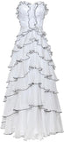 Ruffle Tiered Lace & Voile Strapless Gown, White