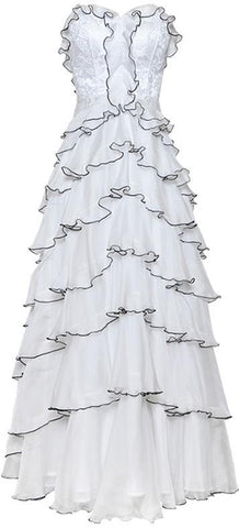 Ruffle Tiered Lace & Voile Strapless Gown, White