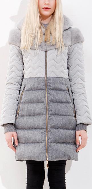 Rabbit Fur Chevron Paneled Puffer Coat