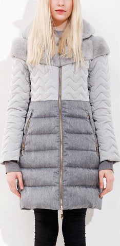 Rabbit Fur Chevron Paneled Puffer Coat