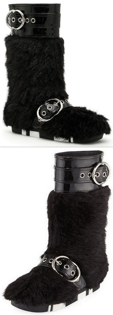 Patent Leather Buckled Fur Boots, Black