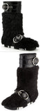 Patent Leather Buckled Fur Boots, Black