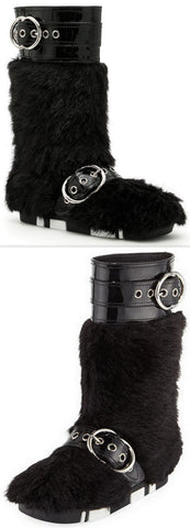 Patent Leather Buckled Fur Boots, Black