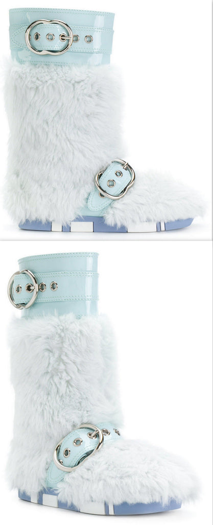 Patent Leather Buckled Fur Boots, Light Blue