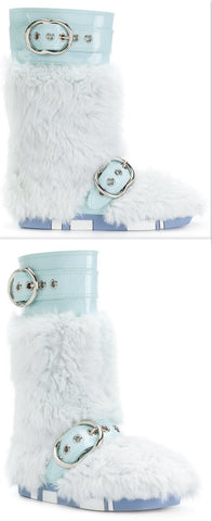 Patent Leather Buckled Fur Boots, Light Blue