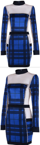 Blue Plaid Studded Stretch Mini Dress