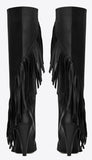 Fringed Knee-High Boots in Black Leather