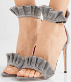 'Antoinette' Ruffle-Trimmed Textured-Lam̩ Sandals, Metallic Silver | DESIGNER INSPIRED FASHIONS