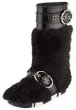 Patent Leather Buckled Fur Boots, Black