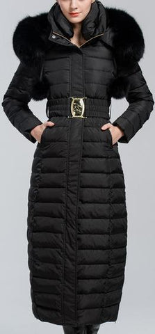 Black Fox-Fur Hooded Pom Pom Puffer Coat