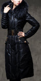 Belted Black Fur-Hooded Feather Down fill Coat