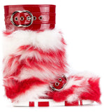 Patent Leather Buckled Fur Boots, Red & White