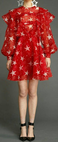 Red Star Print Ruffle Chiffon Dress