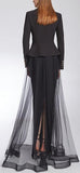 Asymmetrical Double-Breasted Blazer and Long Tulle Overlay Skirt - Black or Red
