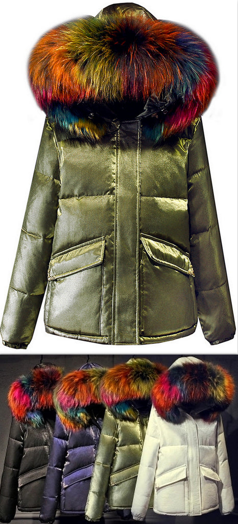 Rainbow Fur-Hooded Puffer Jacket - Champagne, Black, Blue or White