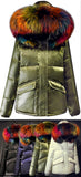 Rainbow Fur-Hooded Puffer Jacket - Champagne, Black, Blue or White