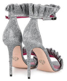 'Antoinette' Ruffle-Trimmed Textured-Lam̩ Sandals, Metallic Silver | DESIGNER INSPIRED FASHIONS