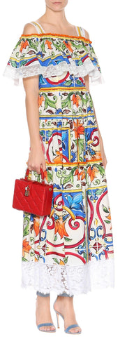 'Majolica' Floral Print and Lace Trim Off-the-Shoulder Dress