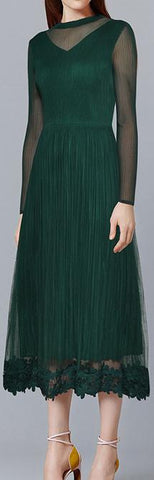 Plisse Lace-Trim Stretch Midi Dress, Green