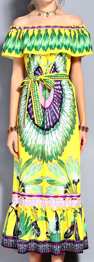 Off-the-Shoulder Feather Print Midi Dress in Yellow