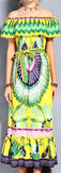 Off-the-Shoulder Feather Print Midi Dress in Yellow