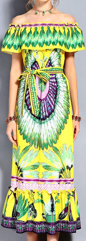 Off-the-Shoulder Feather Print Midi Dress in Yellow