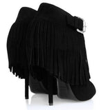 Open-Toe Fringed Suede Booties - Black or White