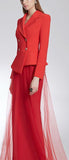Asymmetrical Double-Breasted Blazer and Long Tulle Overlay Skirt - Black or Red