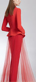 Asymmetrical Double-Breasted Blazer and Long Tulle Overlay Skirt - Black or Red