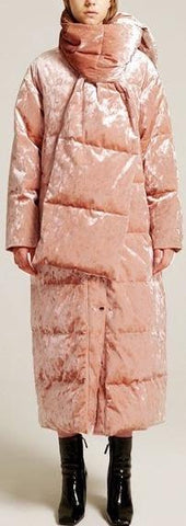 Crushed Velvet Down Coat with Scarf