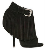 Open-Toe Fringed Suede Booties - Black or White