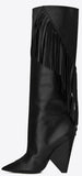 Fringed Knee-High Boots in Black Leather