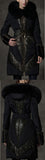 Belted Metallic-Lace-Paneled Puffer Coat with Fox Fur Trim