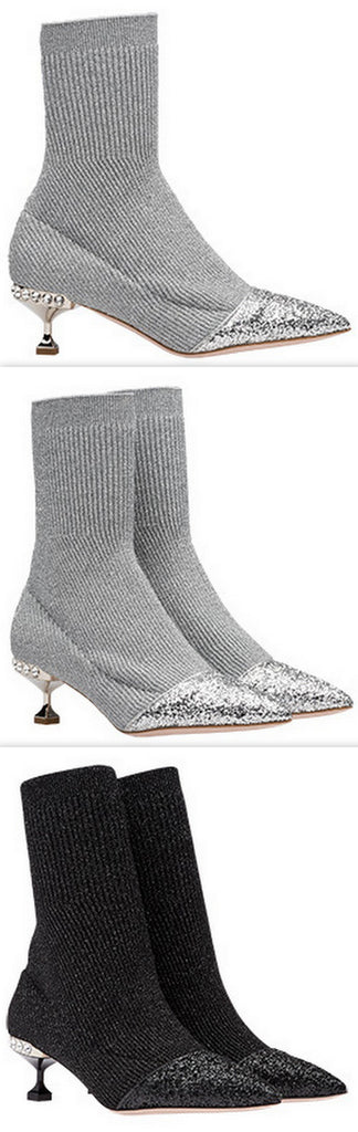 Lurex Knit Booties with Glitter Toecap - Grey or Black