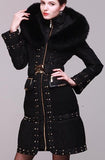 Fox-Fur Hooded Embellished Puffer Down Coat in Black - DESIGNER INSPIRED FASHIONS
