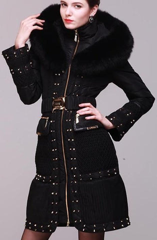 Fox-Fur Hooded Embellished Puffer Down Coat in Black - DESIGNER INSPIRED FASHIONS