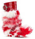 Patent Leather Buckled Fur Boots, Red & White