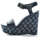 Monogram Denim Calfskin Waterfall Wedge Sandals
