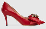 Leather Mid-Heel Pump with Bow - Black, Red, White