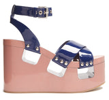 Patent Leather Platform-Wedge Sandals - Light Blue or Blue