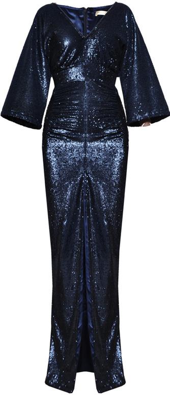 Ruched V-Neck Sequin-Embellished Gown, Dark Blue