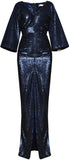 Ruched V-Neck Sequin-Embellished Gown, Dark Blue