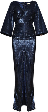 Ruched V-Neck Sequin-Embellished Gown, Dark Blue