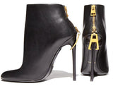 Black Zipper-Heel Leather Ankle Boot